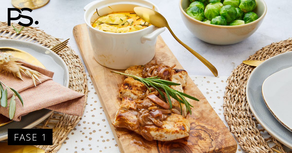 Pute mit Rosenkohl und gratiniertem Kartoffelpüree